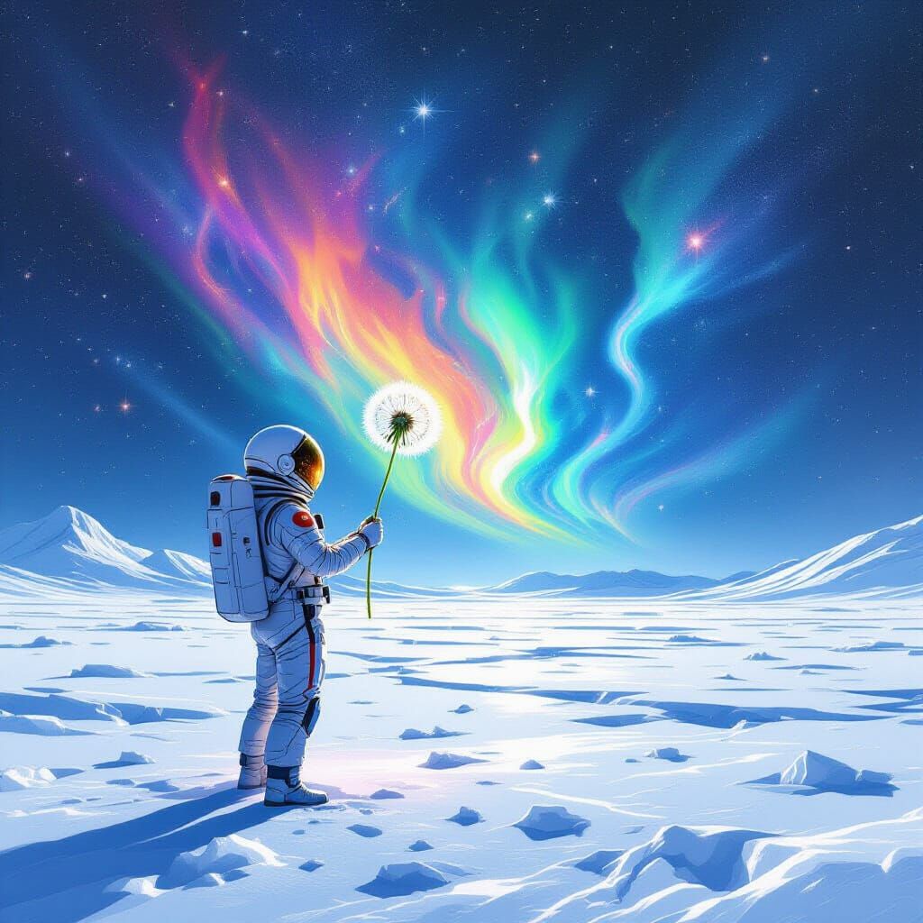 Astronaut on Exoplanet Holding Dandelion, Hyperrealistic Dig...
