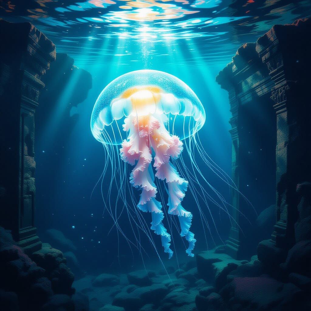 Ethereal Jellyfish in Ancient Submerged Ruins