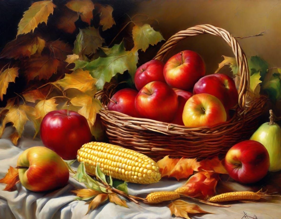 Abundant Harvest Cornucopia in Vibrant Oil Painting Style