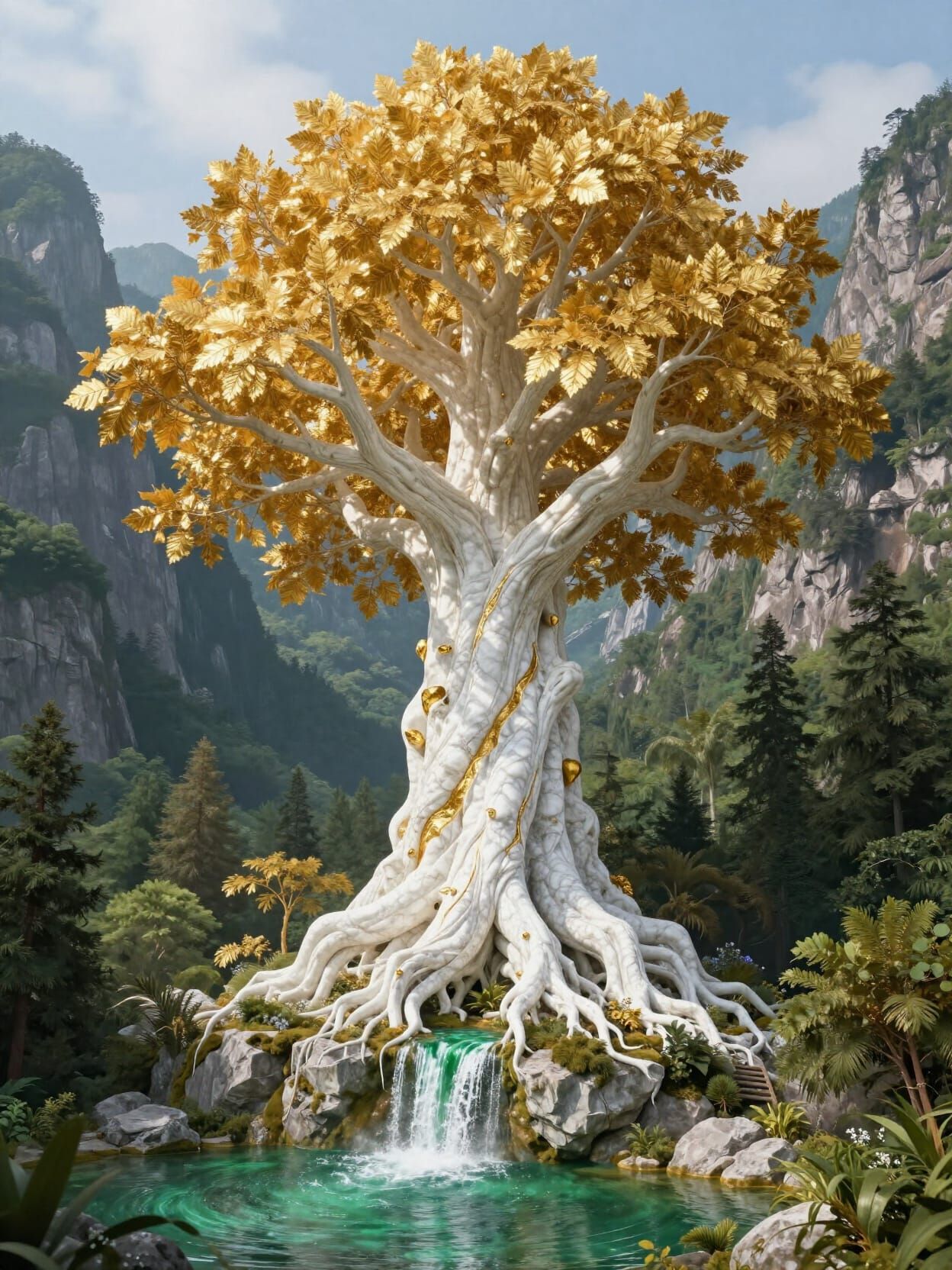 Giant Ivory Tree with Gold Leaves in Enchanted Valley