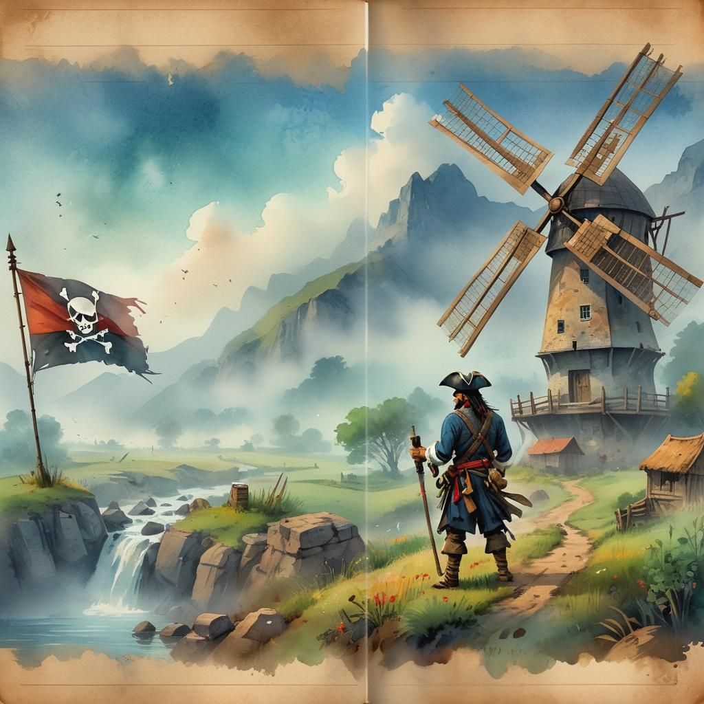 Misty Valley Windmill Scene with Pirate