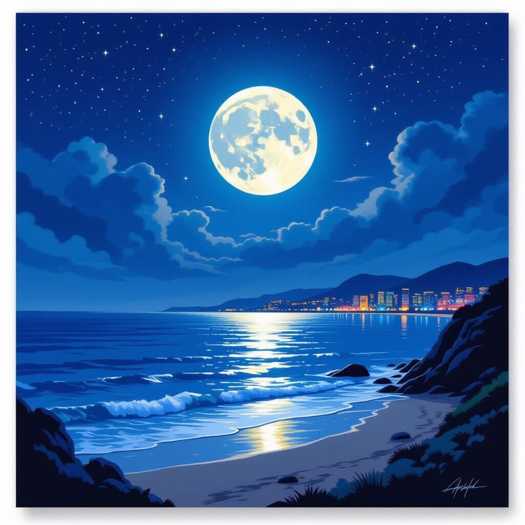 Vibrant City Lights Under a Full Moon