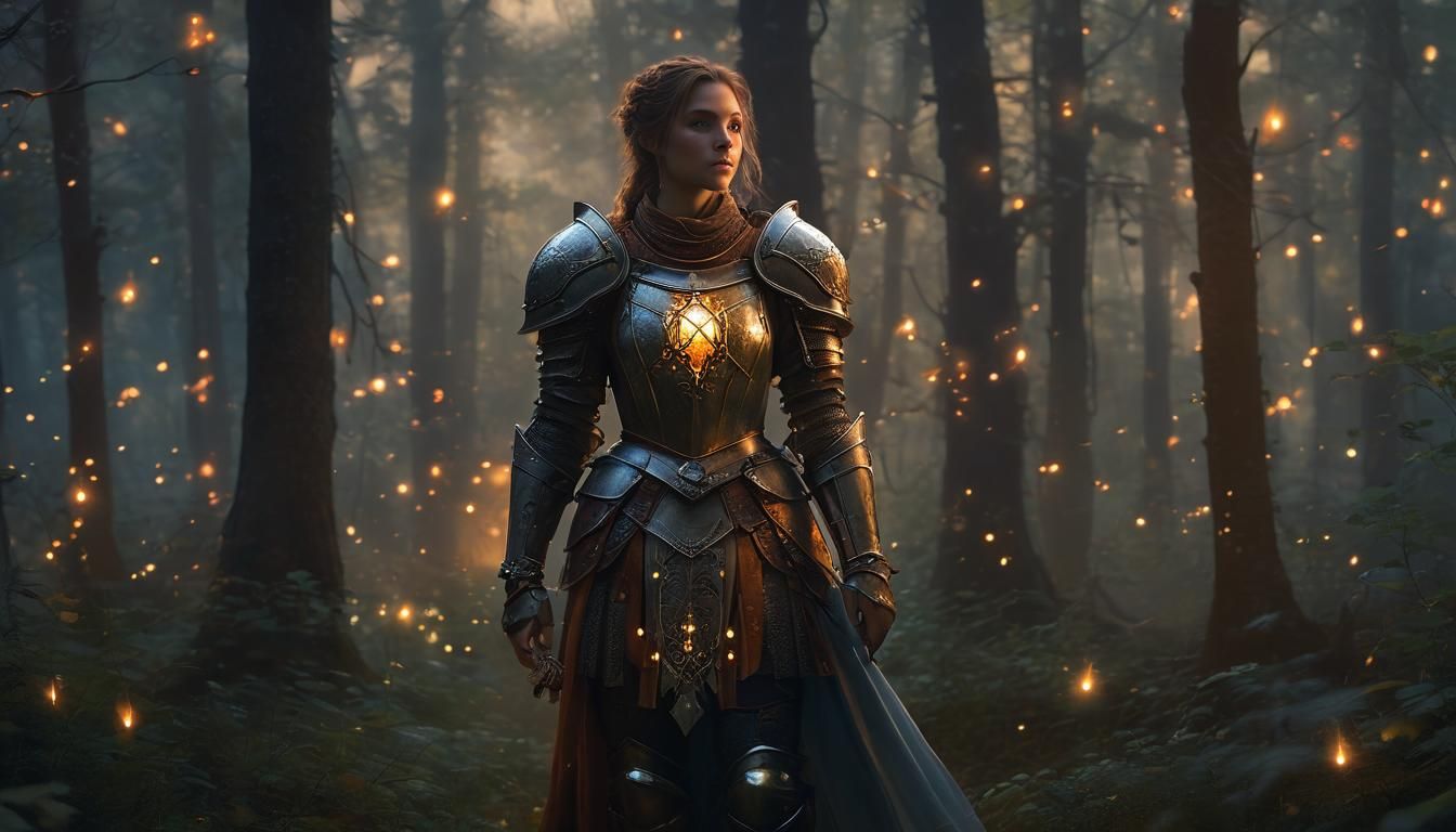 Ethereal Fantasy Knight in Misty Forest at Twilight