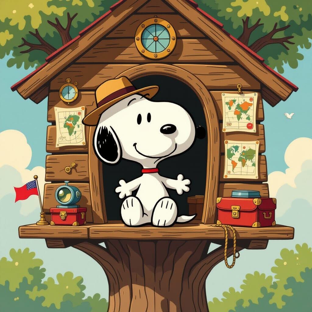 Snoopy Secret Agent in Whimsical Treehouse, Painterly Style