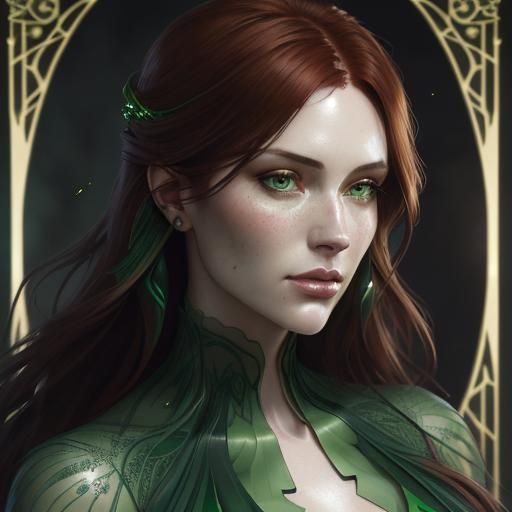 Auburn-Haired Woman in Green Gown: Digital Art Portrait