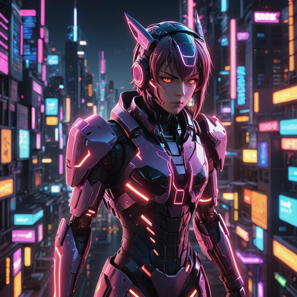 Neon Cityscape Robot in 3D Anime Style