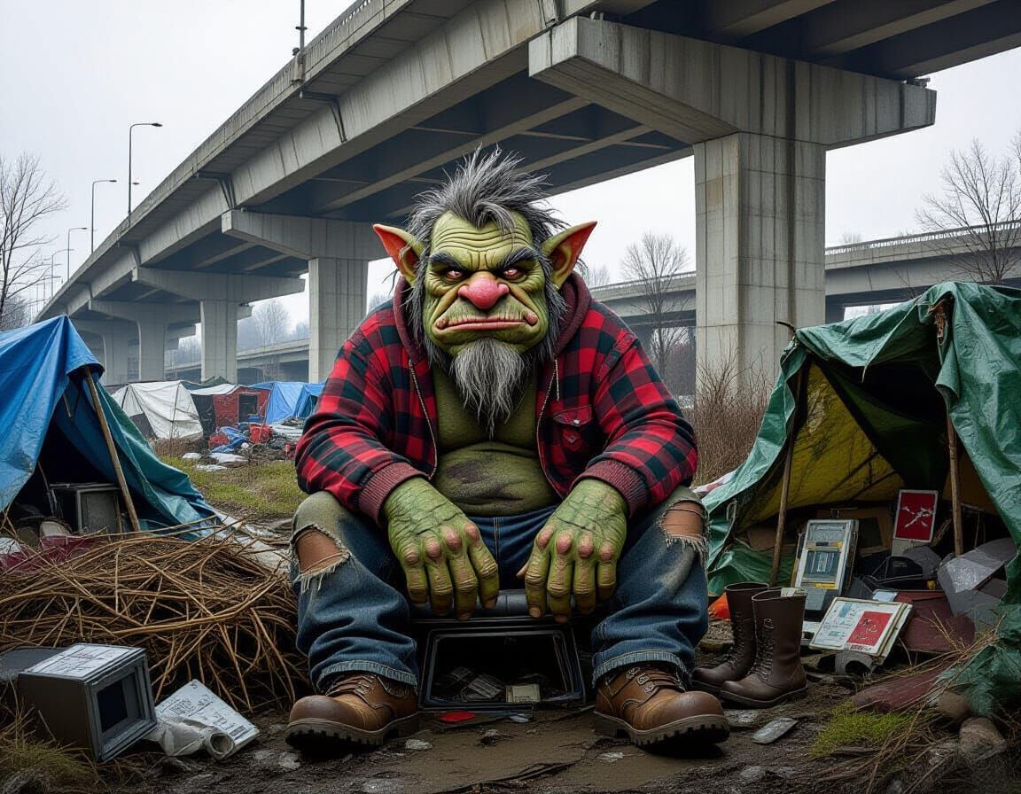Hyperrealistic Troll Portrait in Urban Den