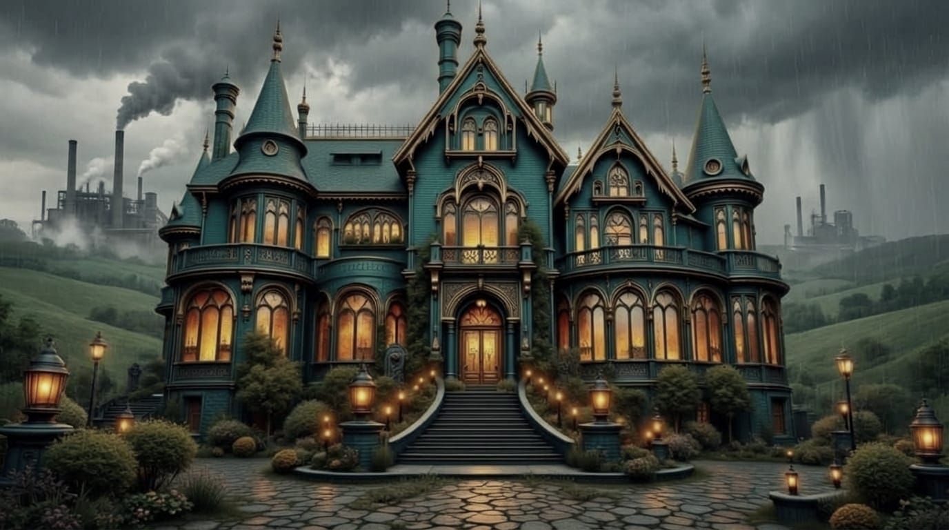 Steampunk Gothic Mansion in Golden Hour Storm
