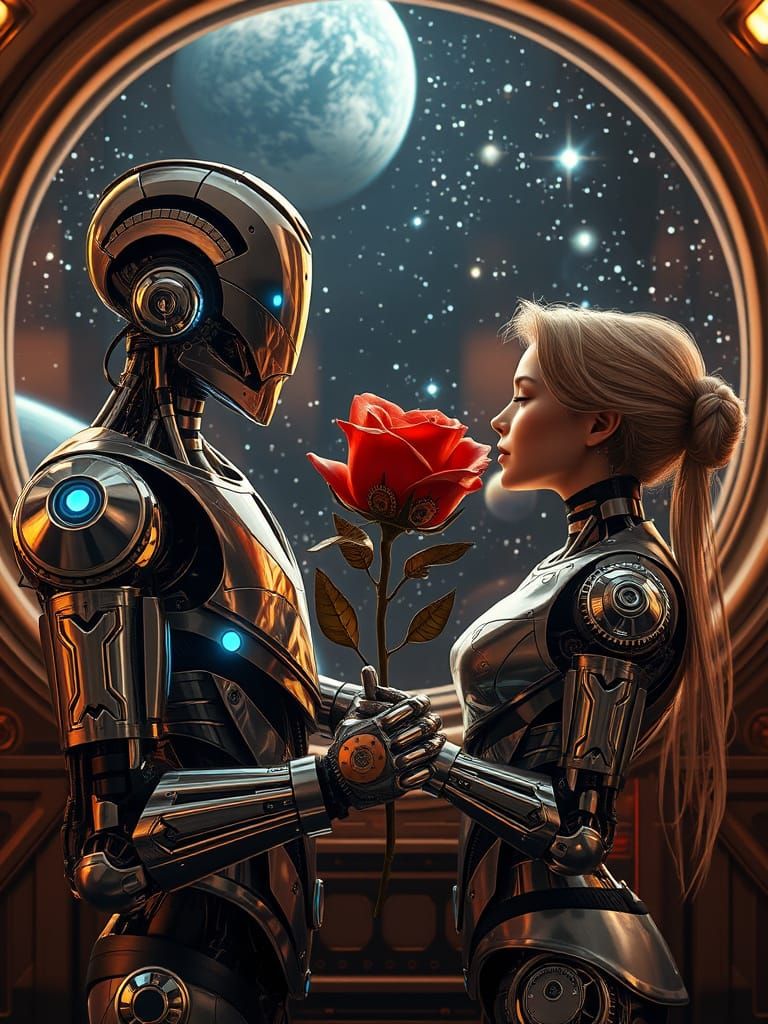 Cyborg Lovers Share Tender Moment in Starry Space