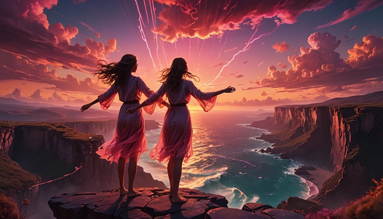 Woman Overlooking Neon Landscape in Digital Art Style