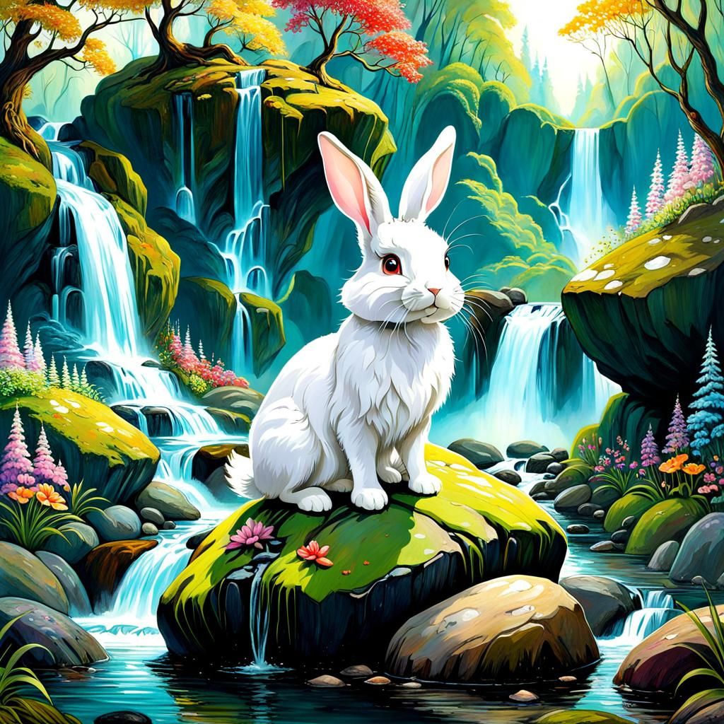 Cute Rabbit in Colorful Fantasy Forest Oil Painting