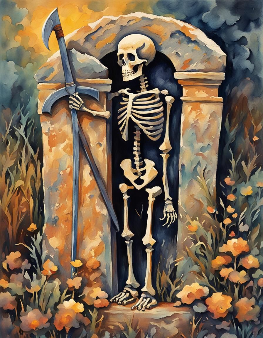 Tombstone with Skeleton in Gouache Watercolor Style