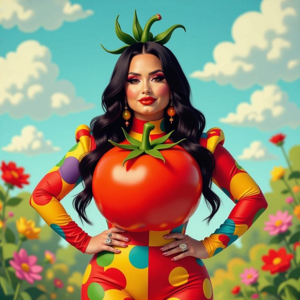 Gender-Fluid Tomato Character in Pop Surrealist Style
