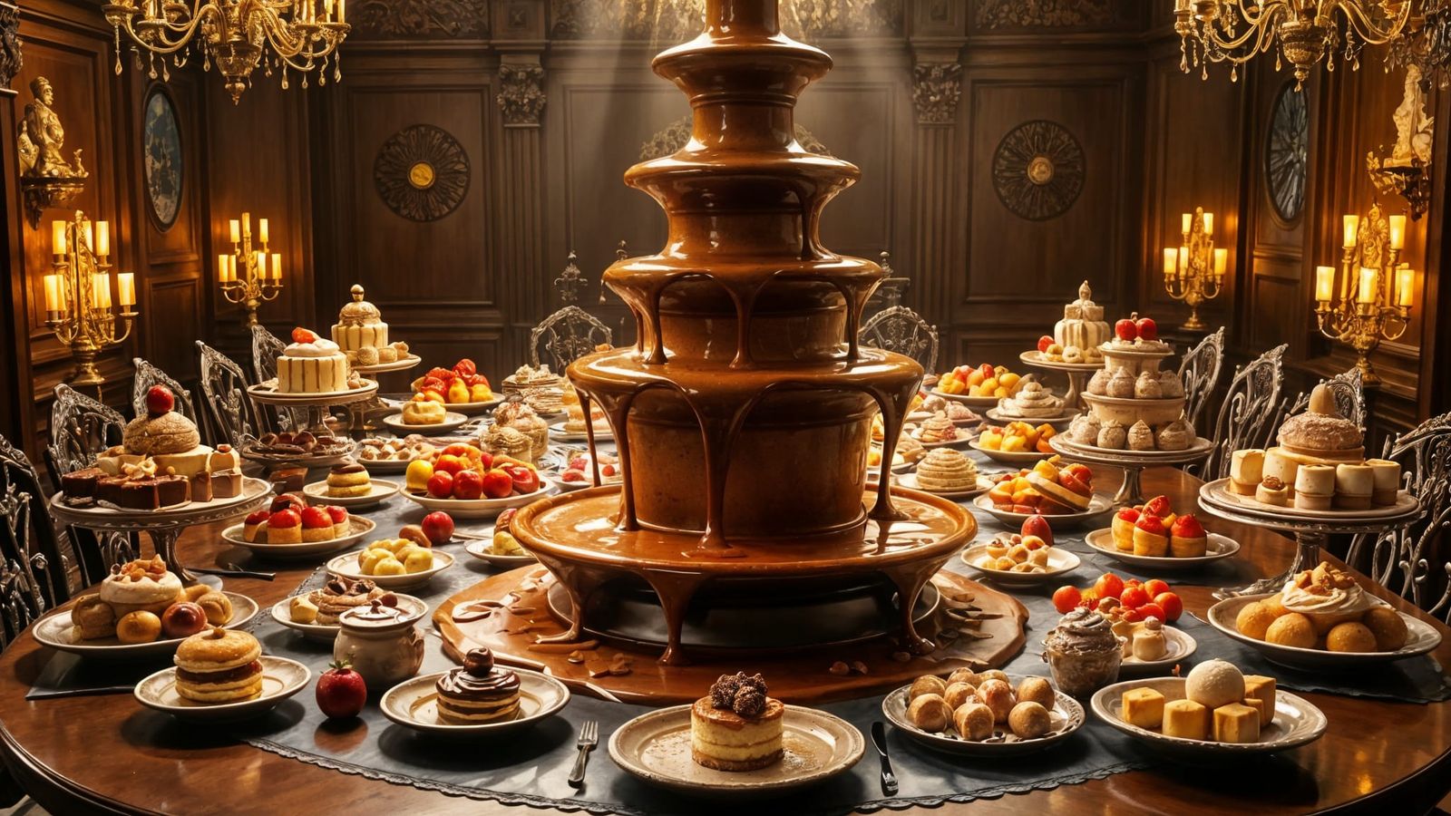 Chocolate Fountain Dessert Feast in Golden Light