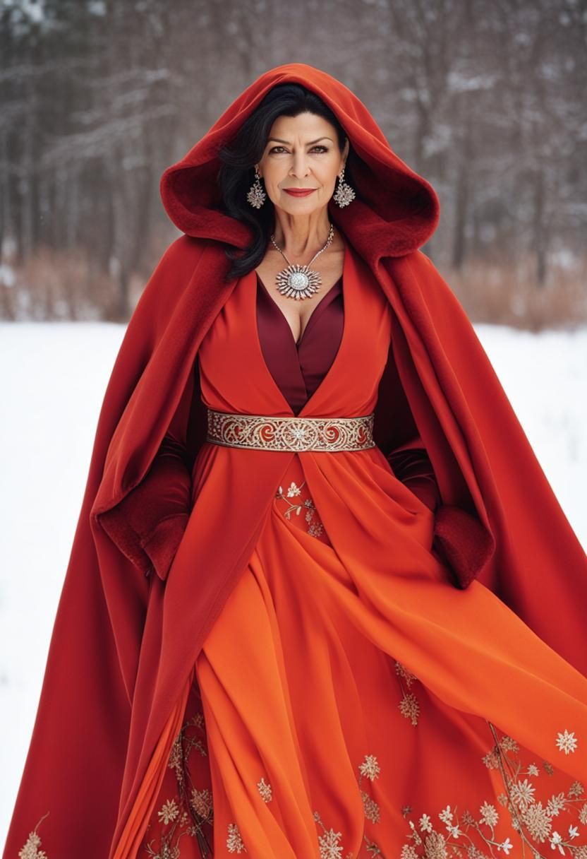Lifelike Photo of Woman in Red Robe Walking in Snow