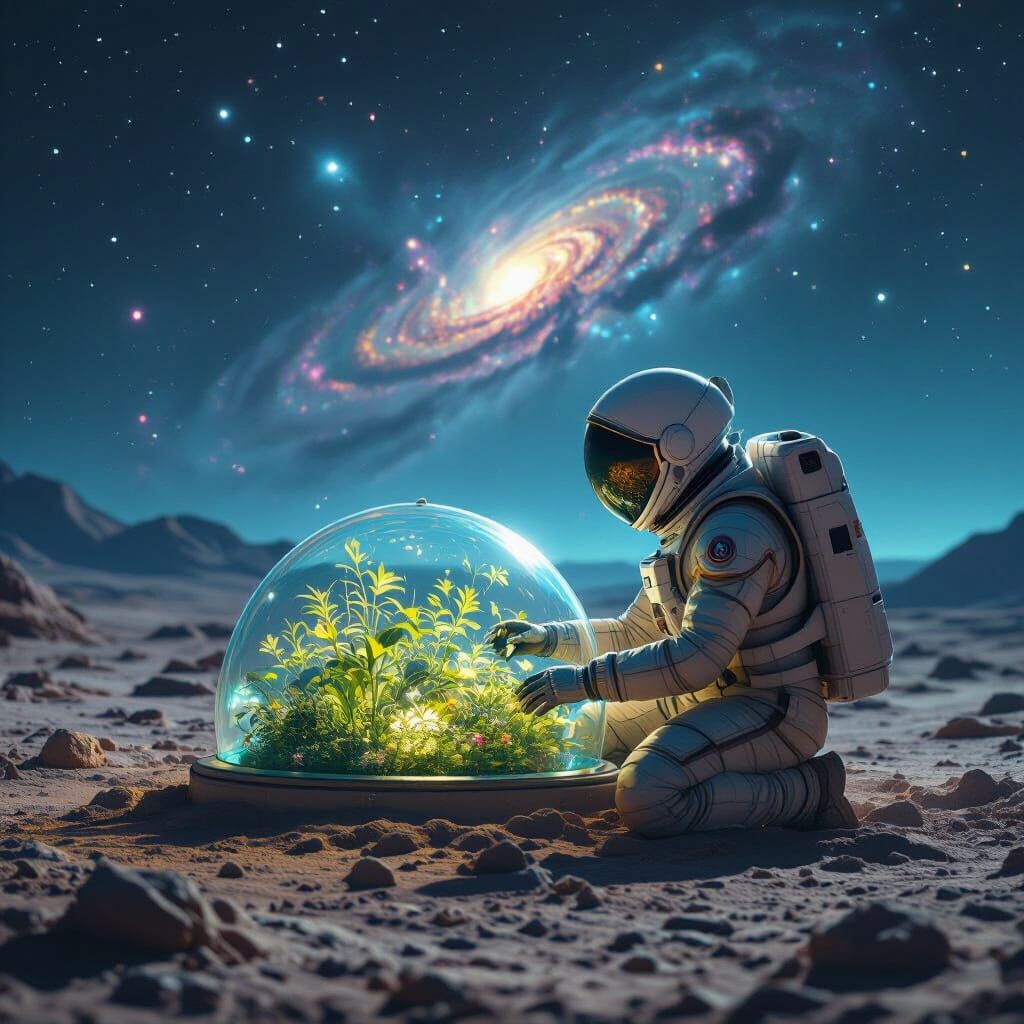 Astronaut's Bioluminescent Garden on Alien Planet