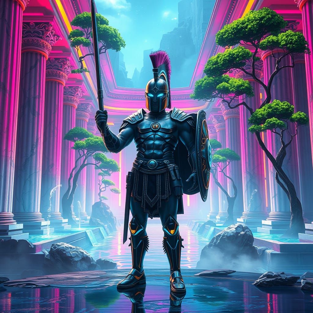 Spartan Warrior in Futuristic Greek Cityscape with Celestial...