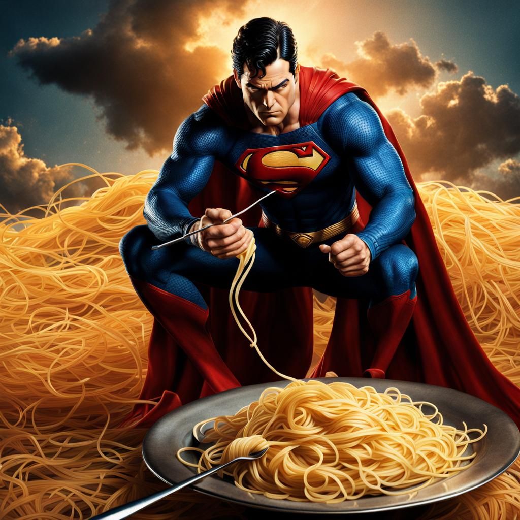 Superman Enjoys Spaghetti Noodles in High Quality