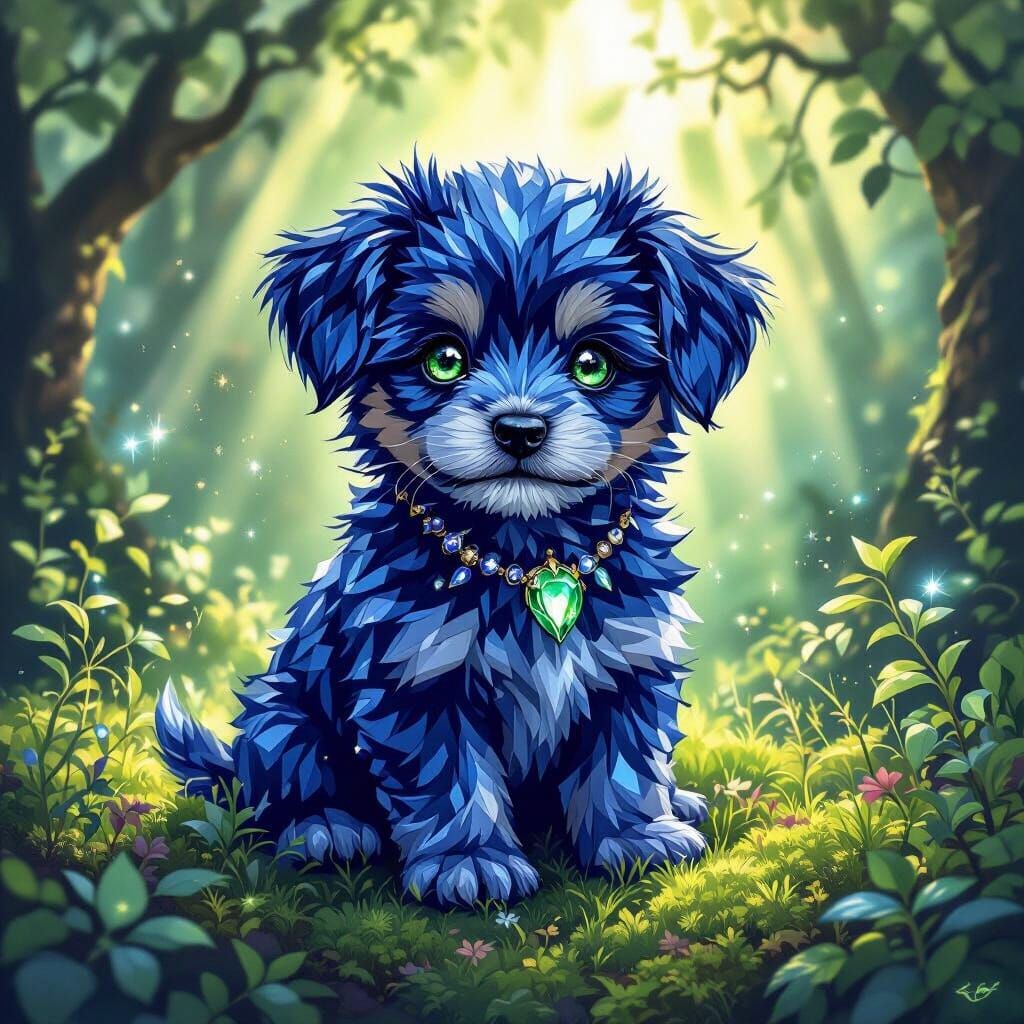 Sapphire Gemstone Puppy in Sunlit Forest Digital Painting