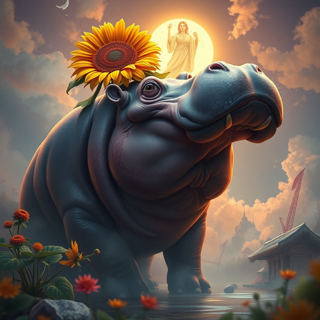 Hippo with Sunflower in Dreamy Fantasy Landscape