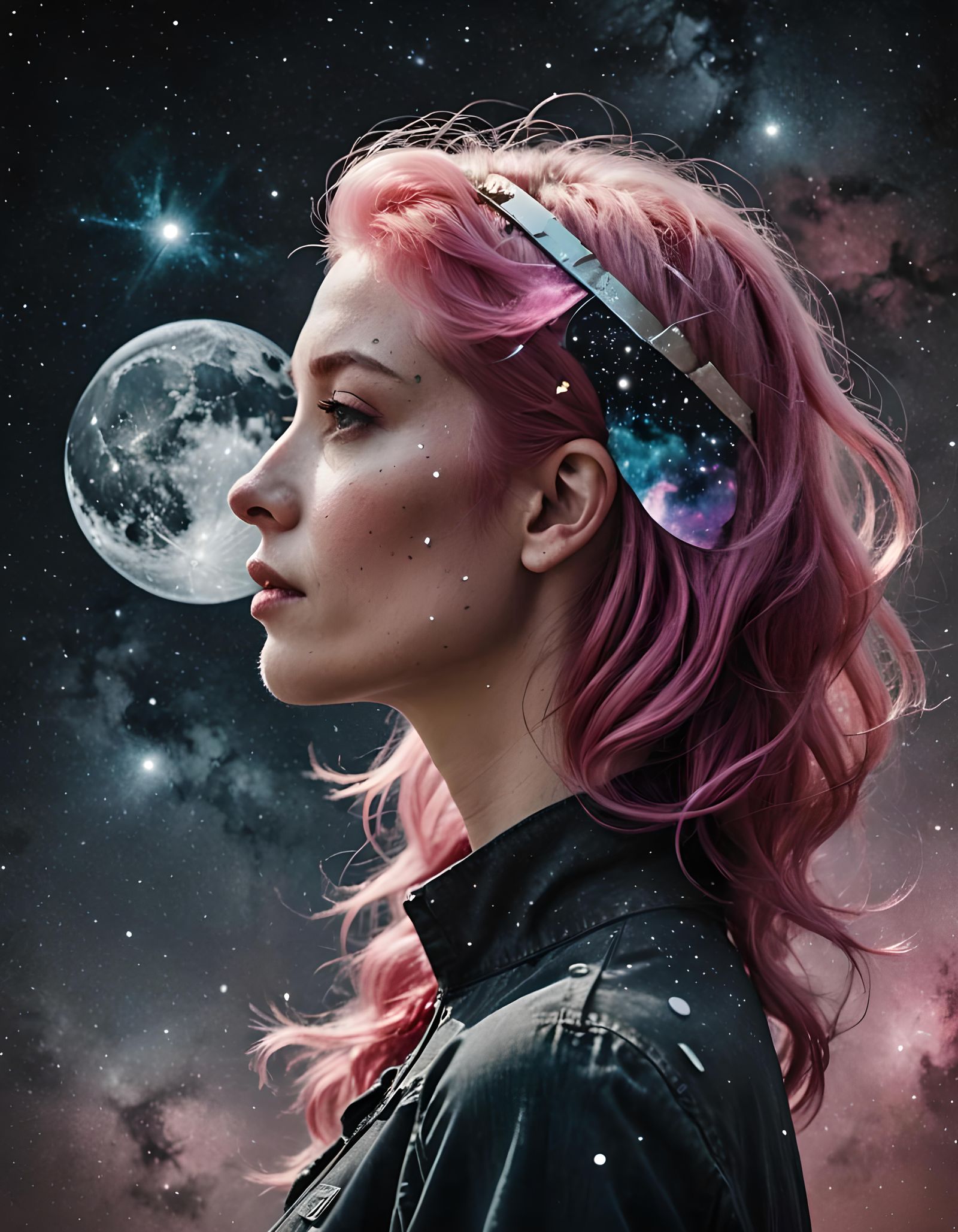 Pink-Haired Woman with Galaxy Double Exposure
