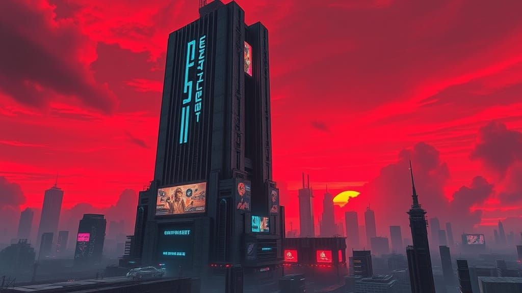 Brutalist Skyscraper with Holographic Ads in Dystopian Citys...