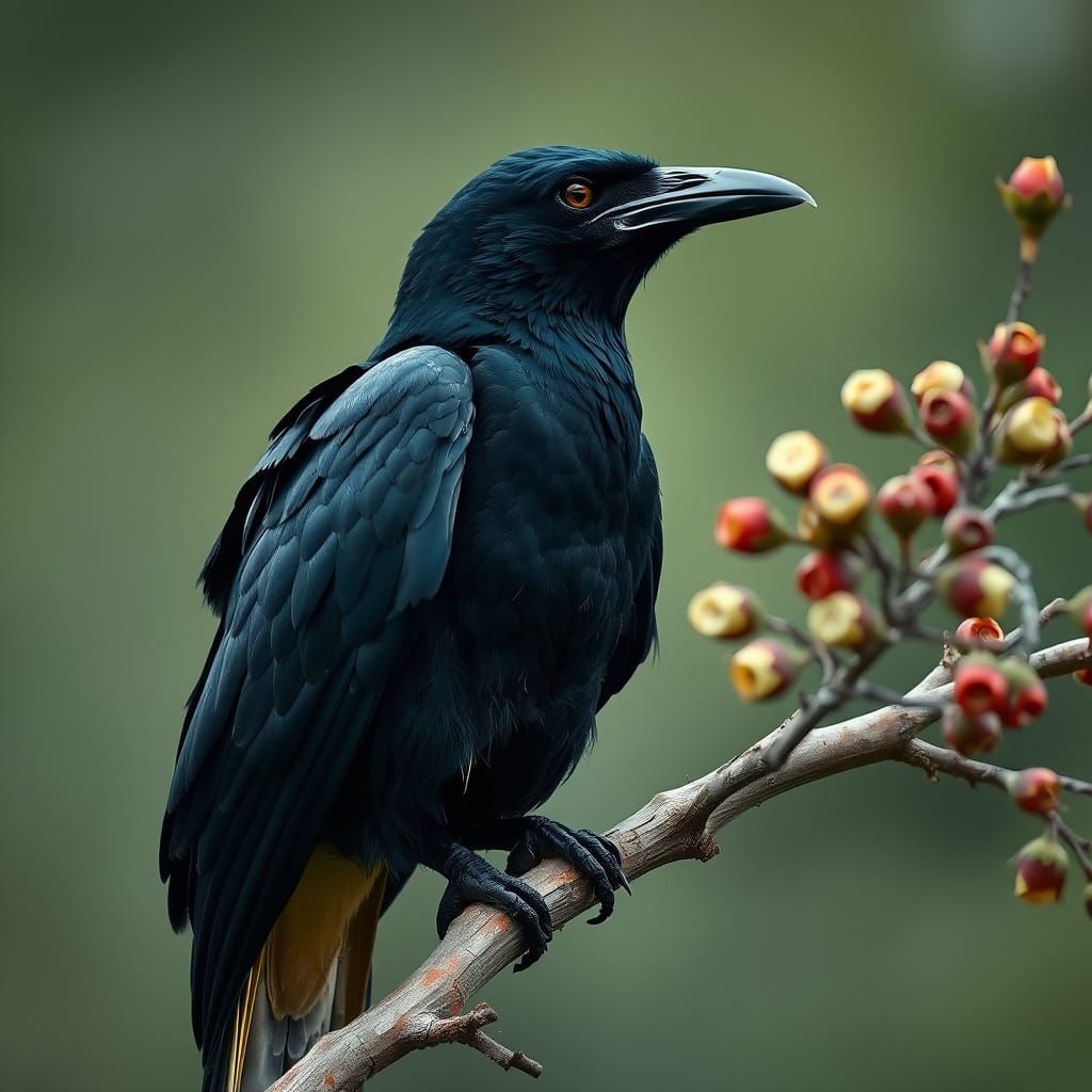 Intense Rook Perched on Hawthorn Branch
