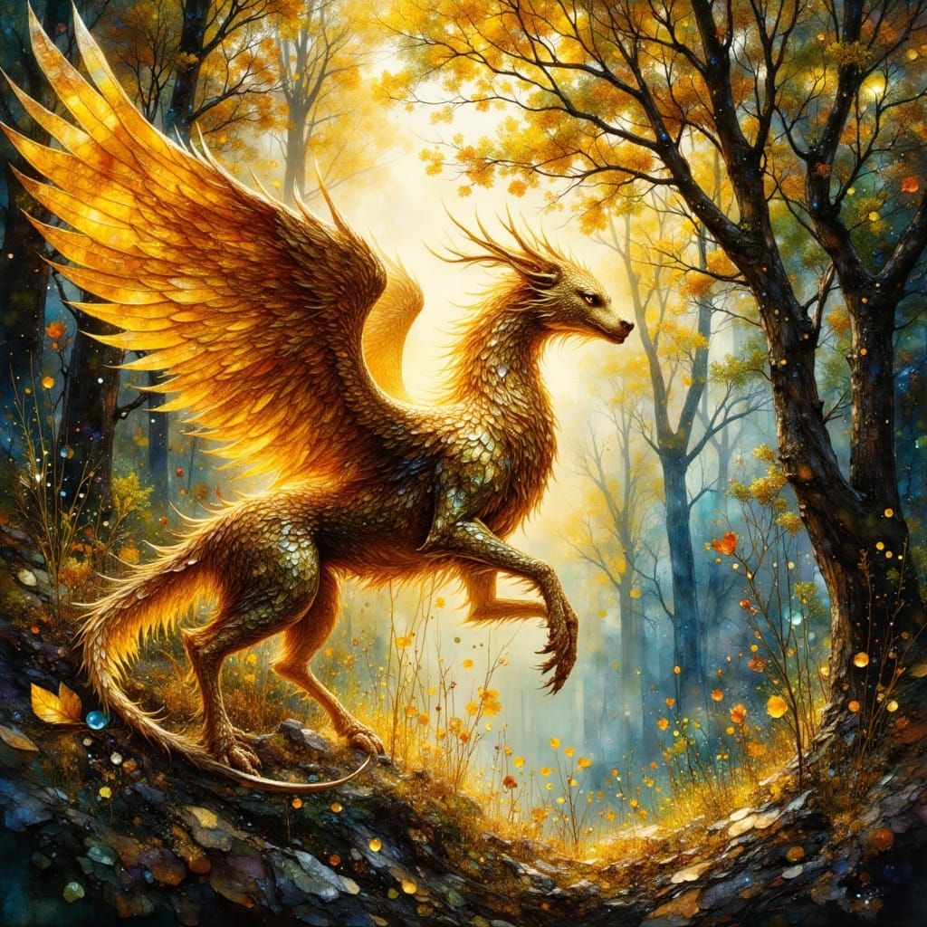 Gleaming Gold Griffin in Magical Woodland