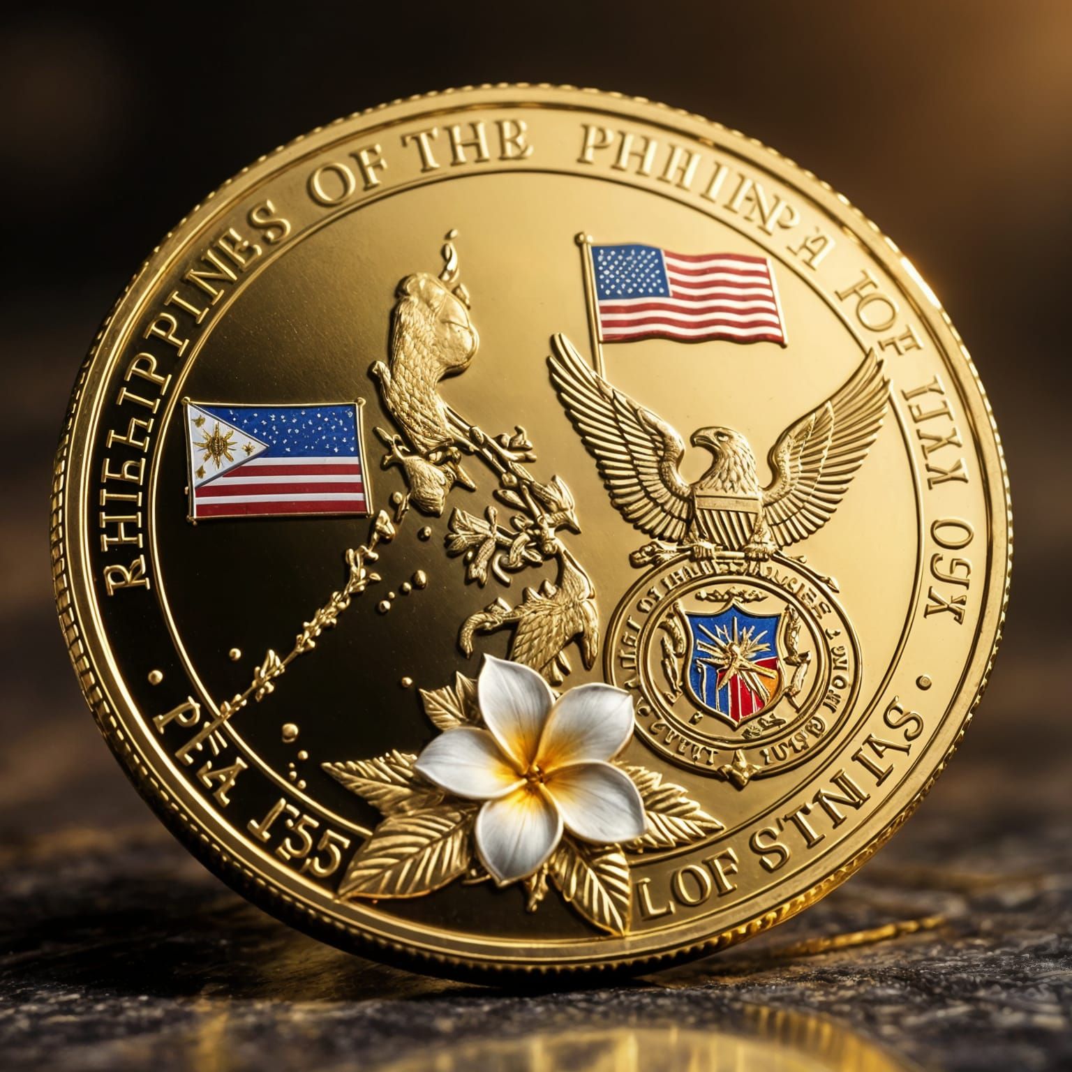 Gleaming Gold Coin: Philippines Map, Flags, Eagle, and Seal