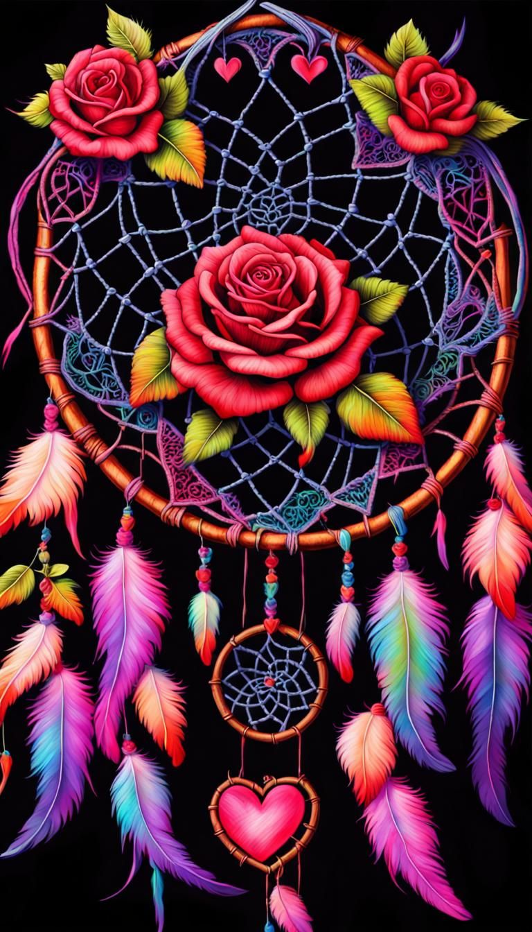 Intricate Dreamcatcher with Hearts and Roses in Graffiti Art