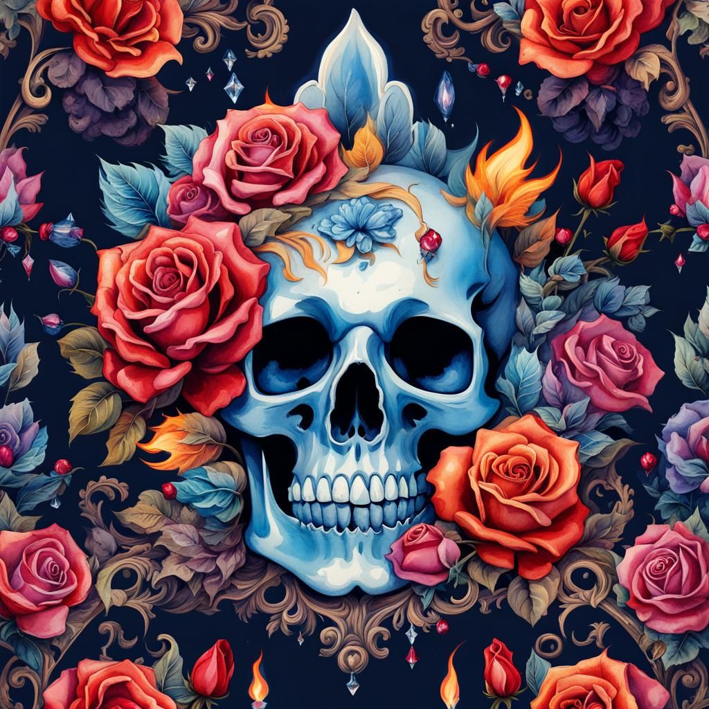 Flaming Skull Poster Art in Gothic Rococo Style