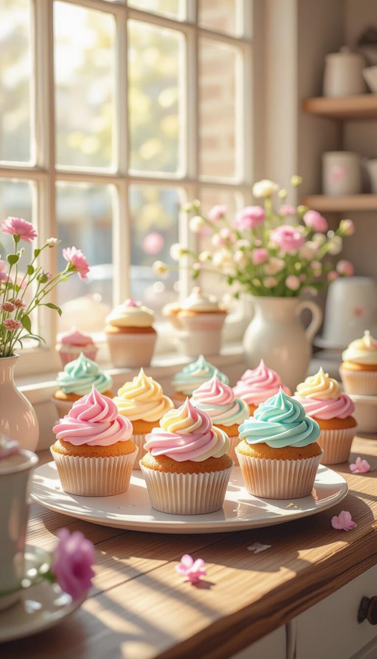 Sweet Cupcakes in Sunlit Bakery, Illustrative Storybook Styl...