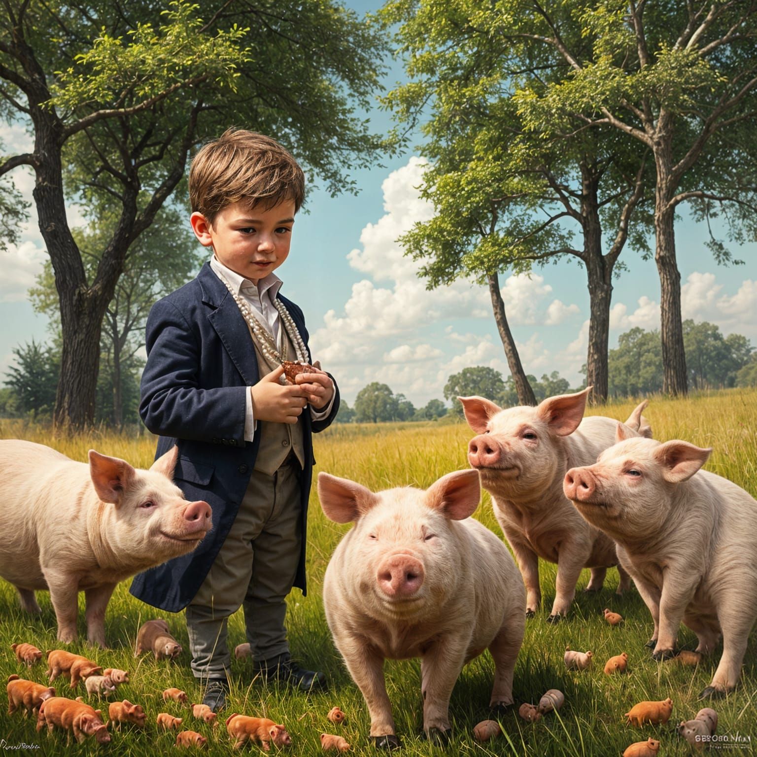 Spoiled Brat Hides Pearls as Pigs Approach in Whimsical Scen...