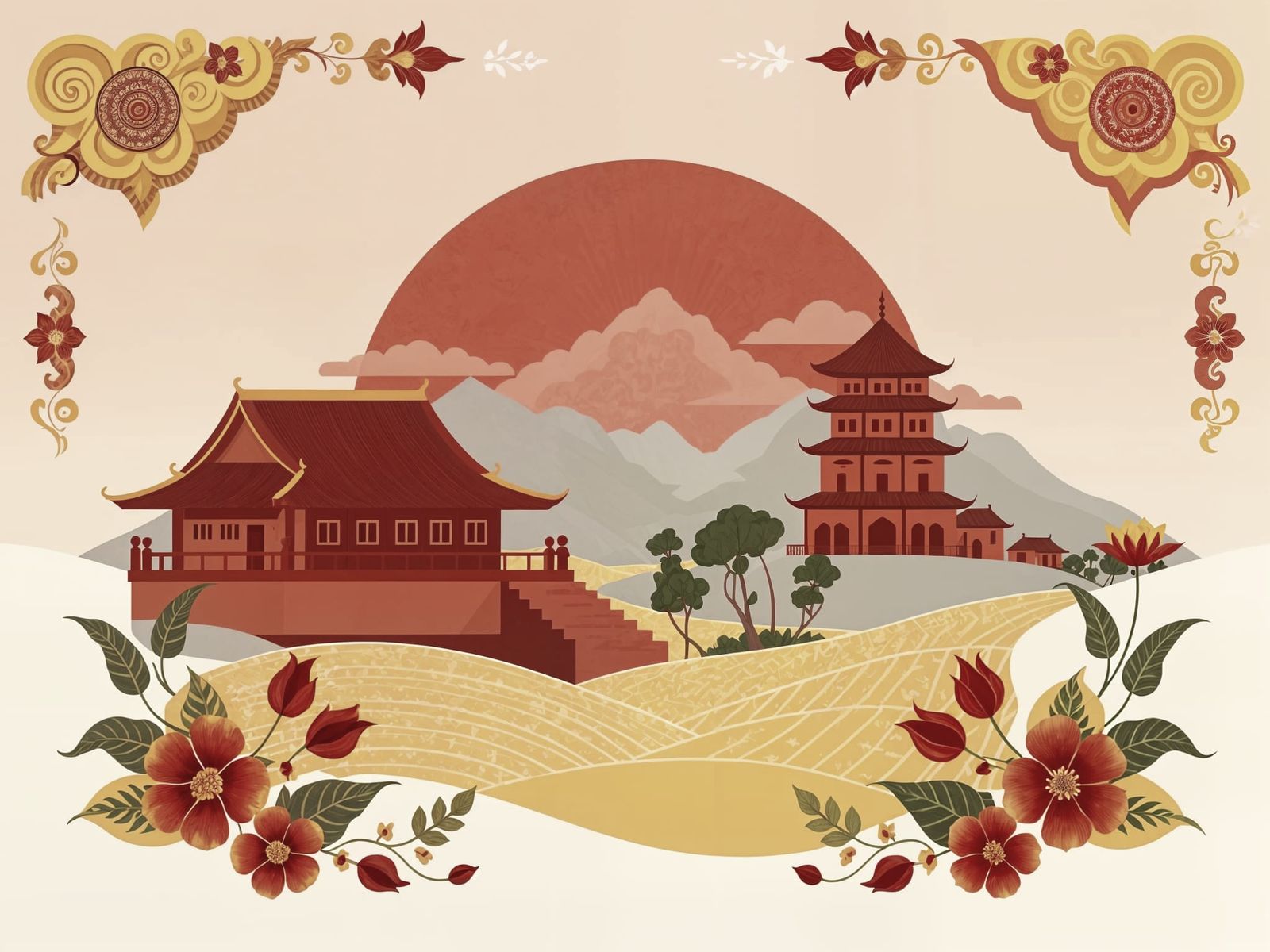 Minangkabau Culture Illustration: Red & Gold West Sumatran H...