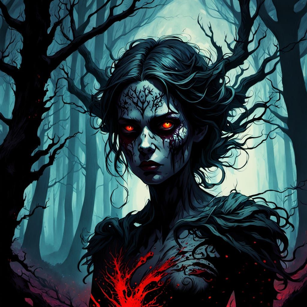 Mystical Horror Witch in Dark Fantasy Landscape