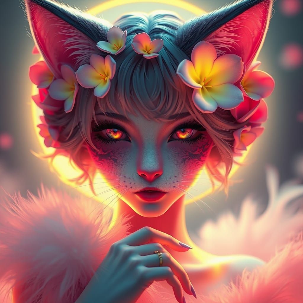 Sultry Cat Femme Fatale with Flowers, in Vibrant 3D Style