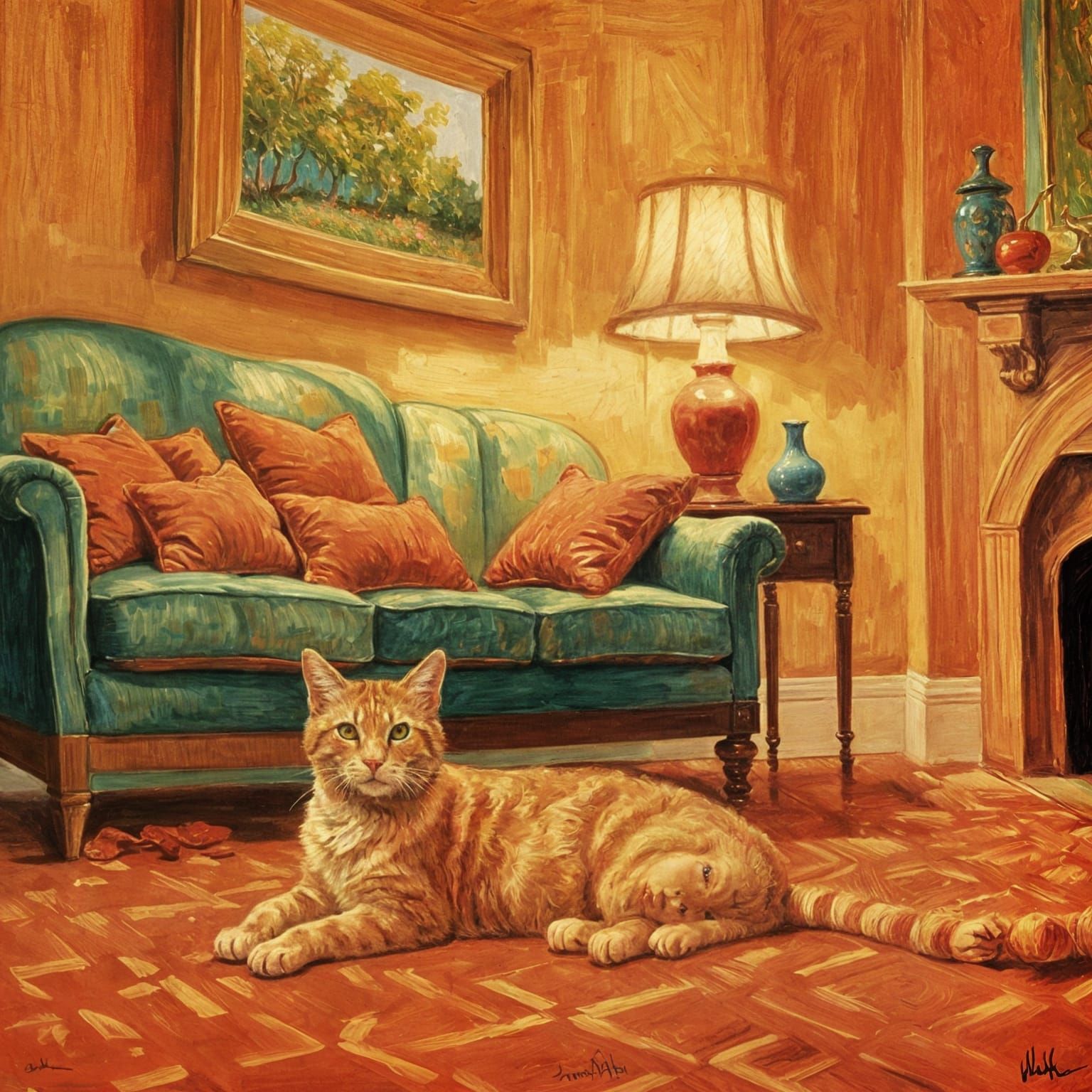 Orange Tabby Cat in Orange Room as Impressionist Art