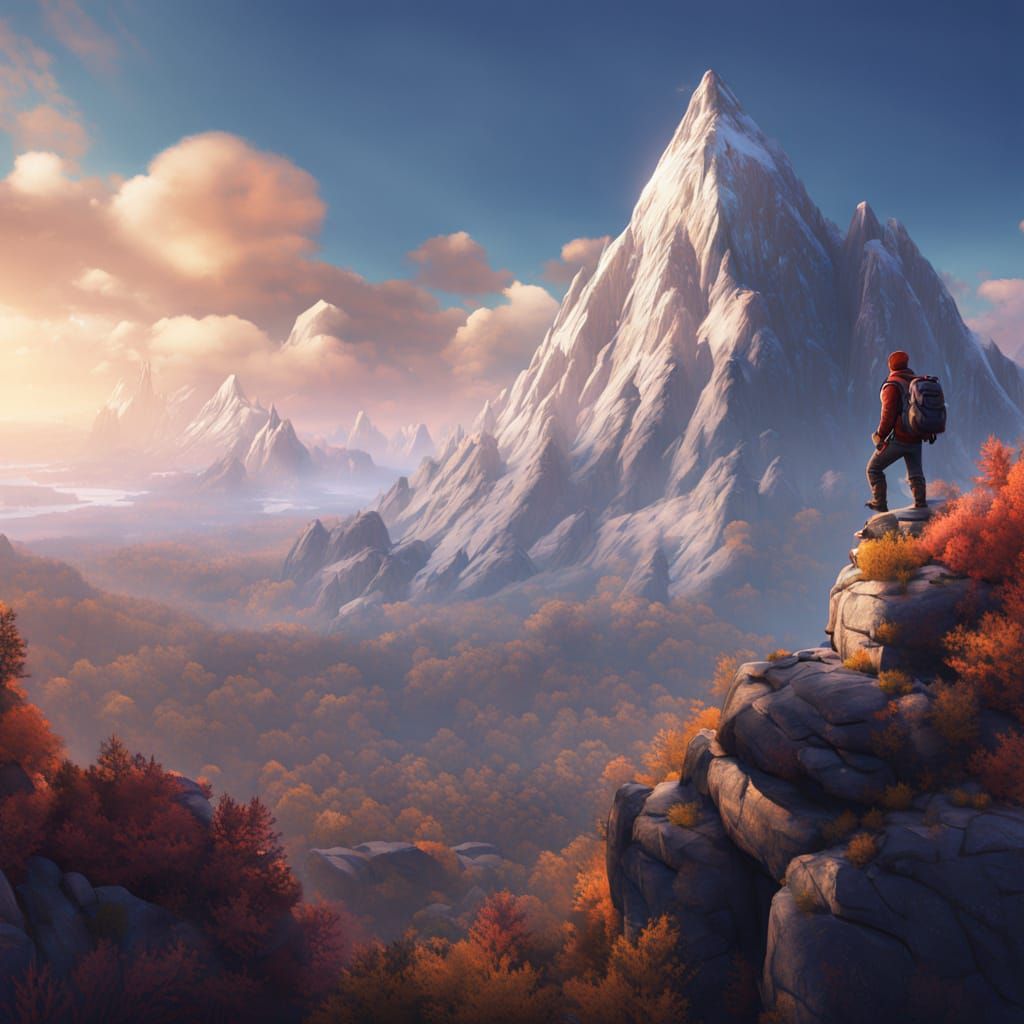 Lone Adventurer at Mountain Precipice in Fantasy Art