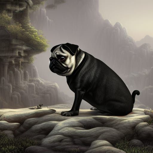 Daoist Pugs: A Detailed Black and White Painting