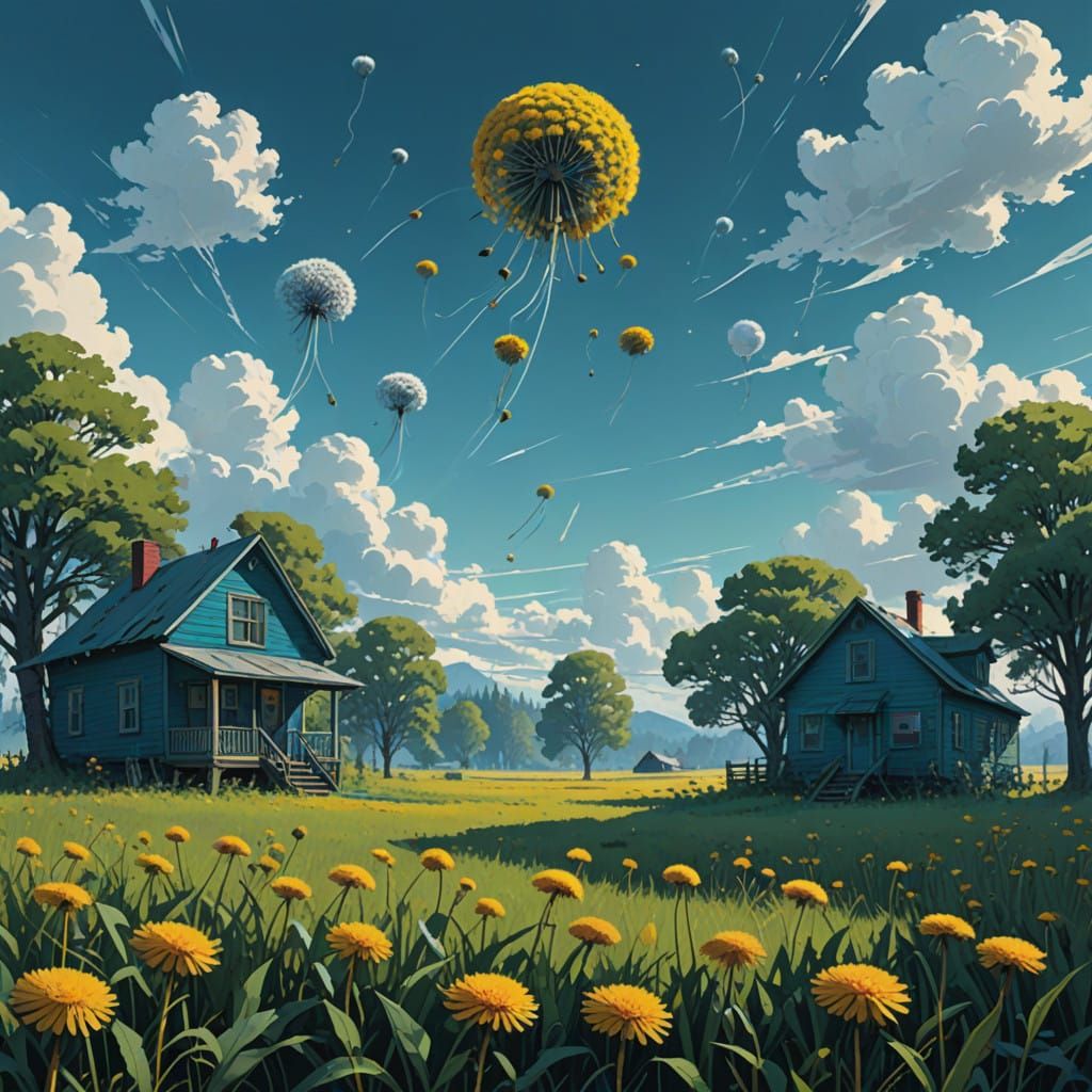 Vibrant Dandelions in Whimsical Fantasy Landscape