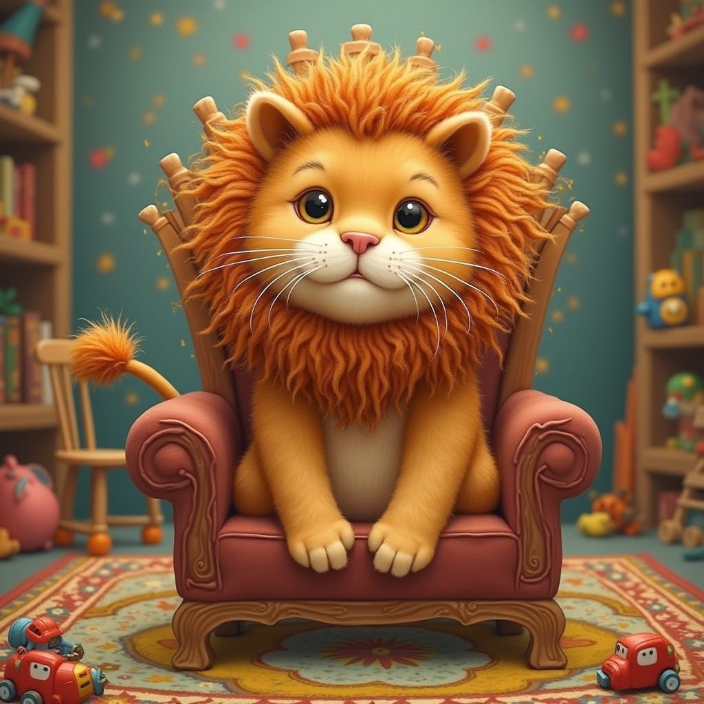 Ginger Cat in Lion Costume on Miniature Throne