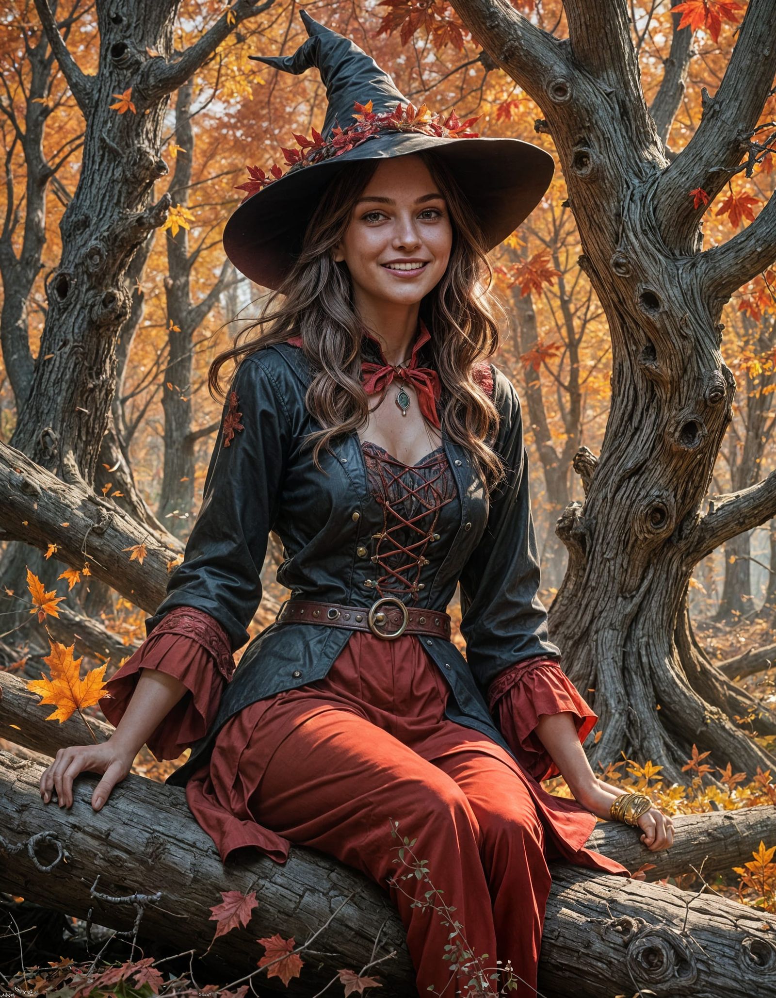 Smiling Witch in Autumn Forest Portrait
