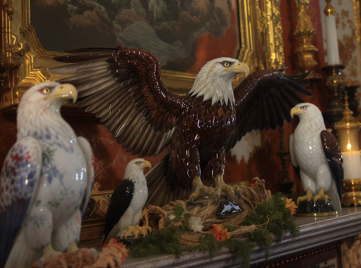 Hyperrealistic Fireplace Mantle with Detailed Eagle Figurine...