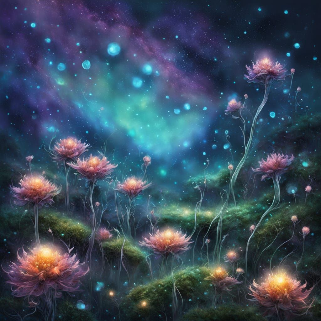 Ethereal Bioluminescent Flowers Under Cosmic Nebula