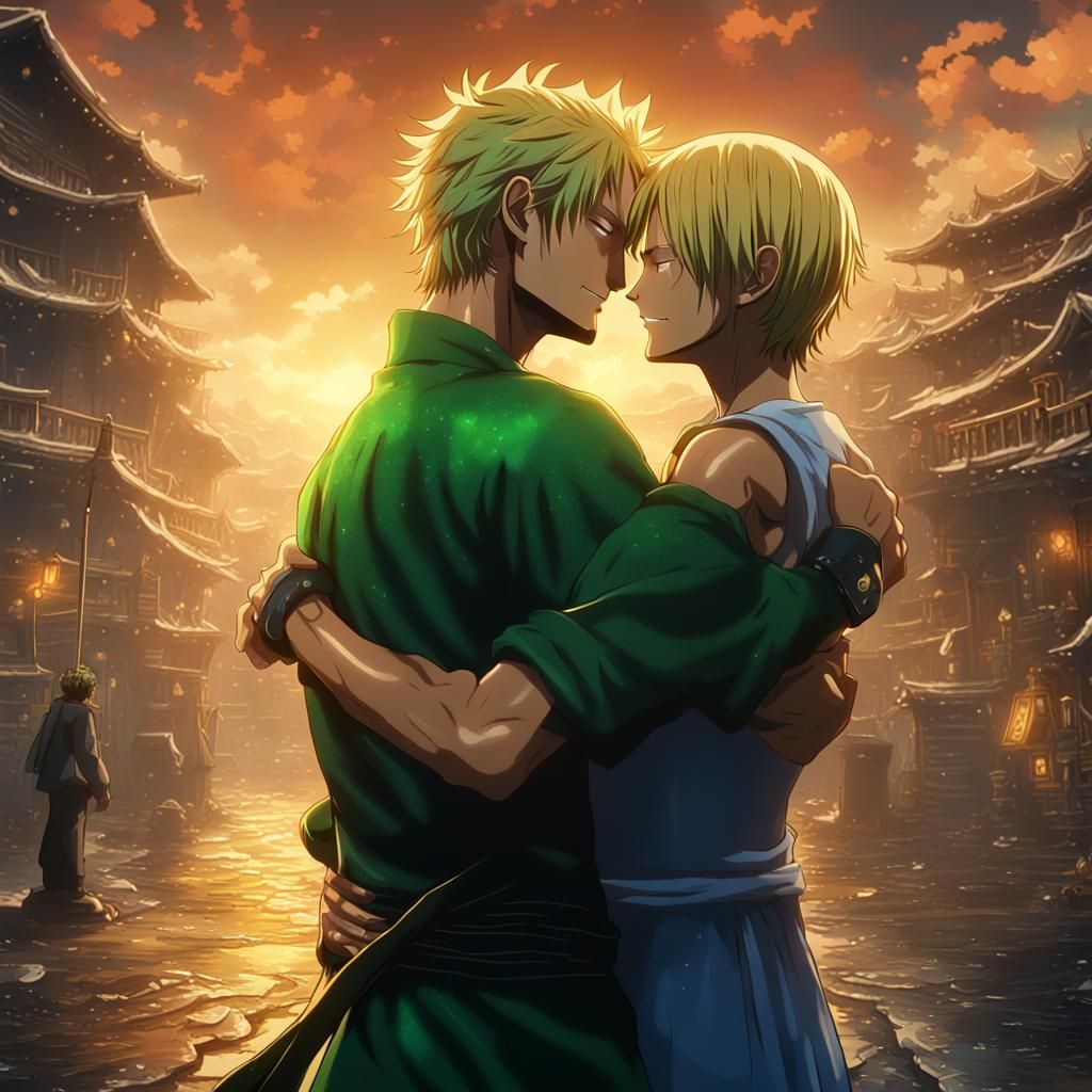 Zoro and Sanji: A Loving Embrace in Detailed Matte Painting
