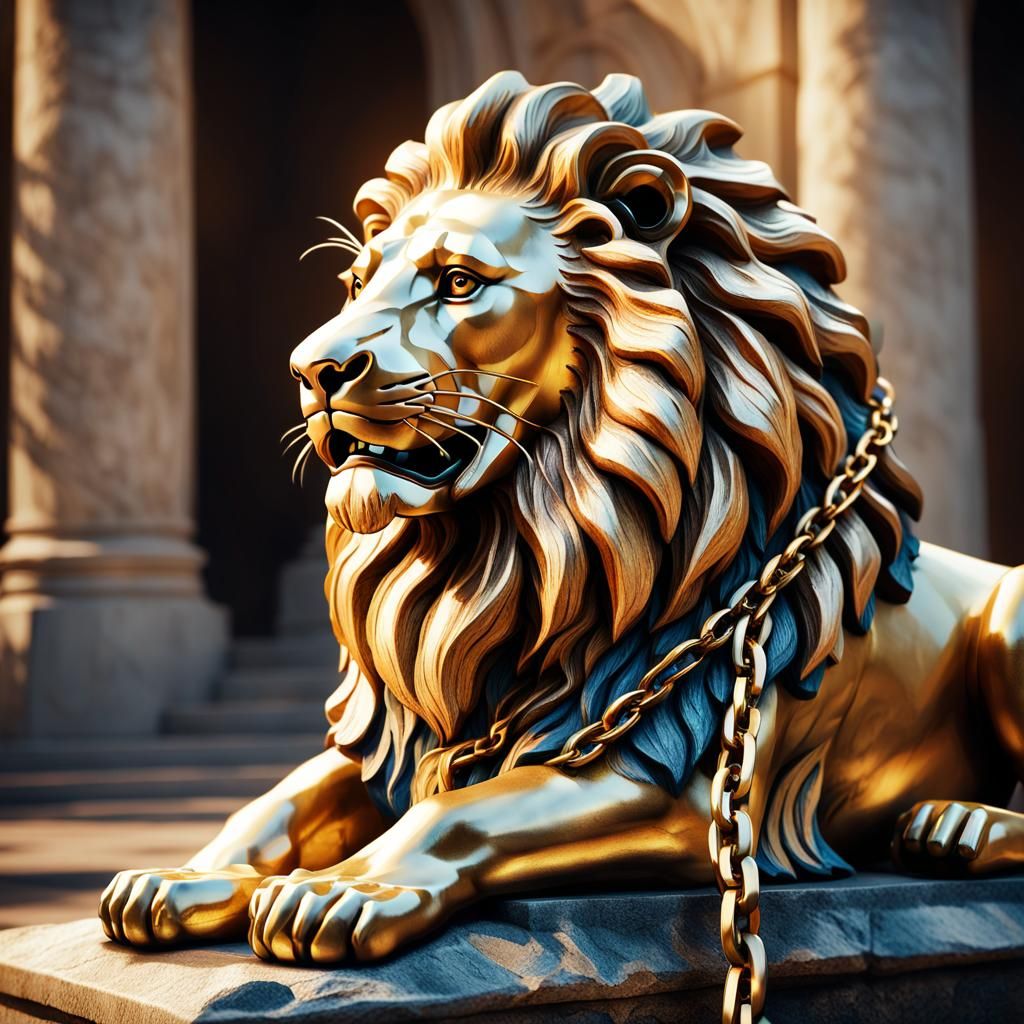 Regal Lion Statue Breaking Chains in Golden Light