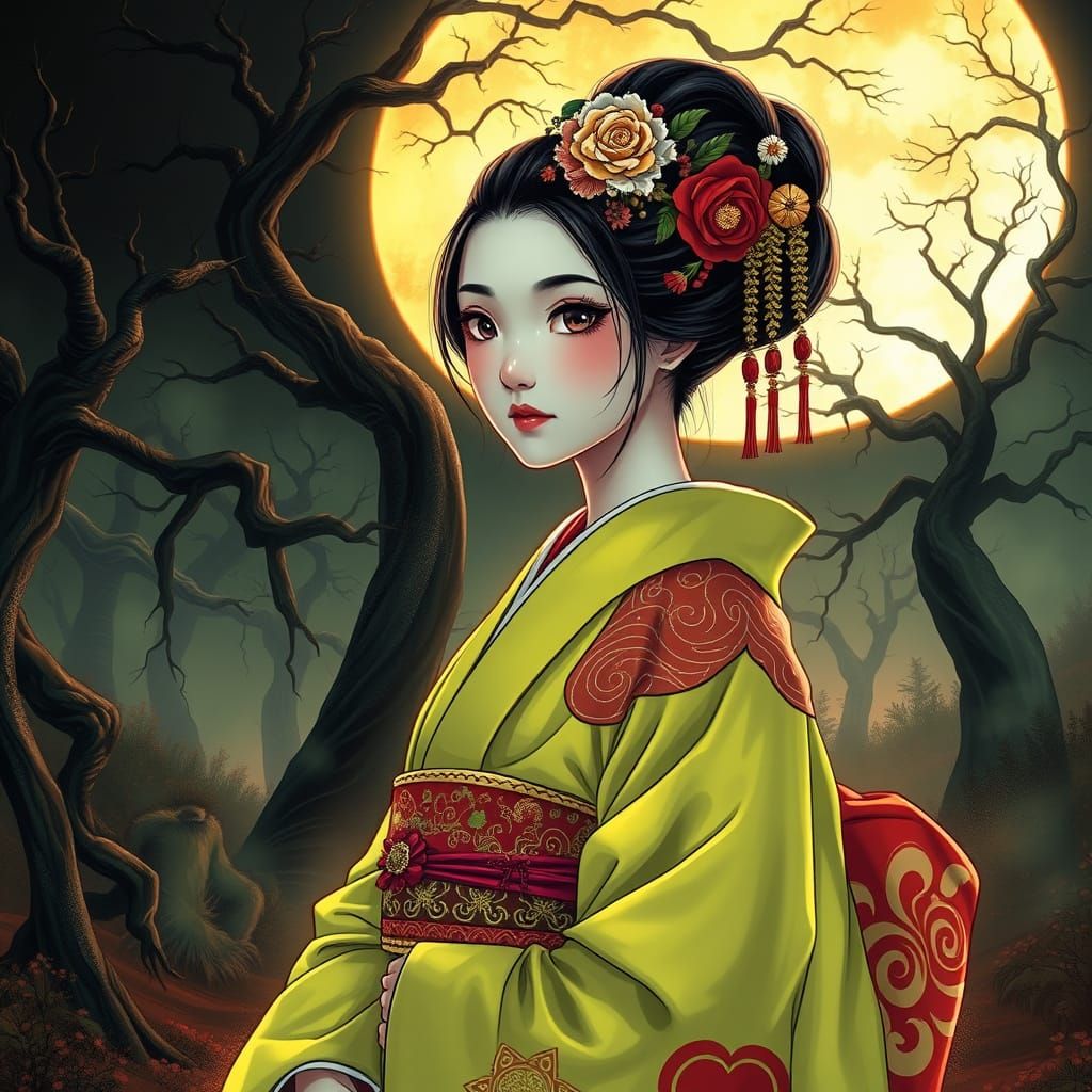 Geisha in Chartreuse Kimono: Neon Noir Style