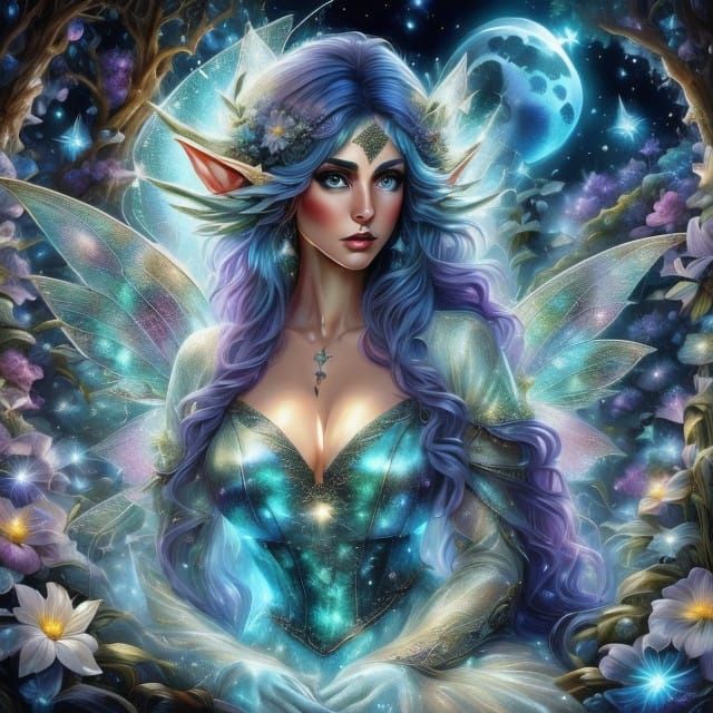 Heavenly Angel in Moonlit Garden with Metallic Sheen