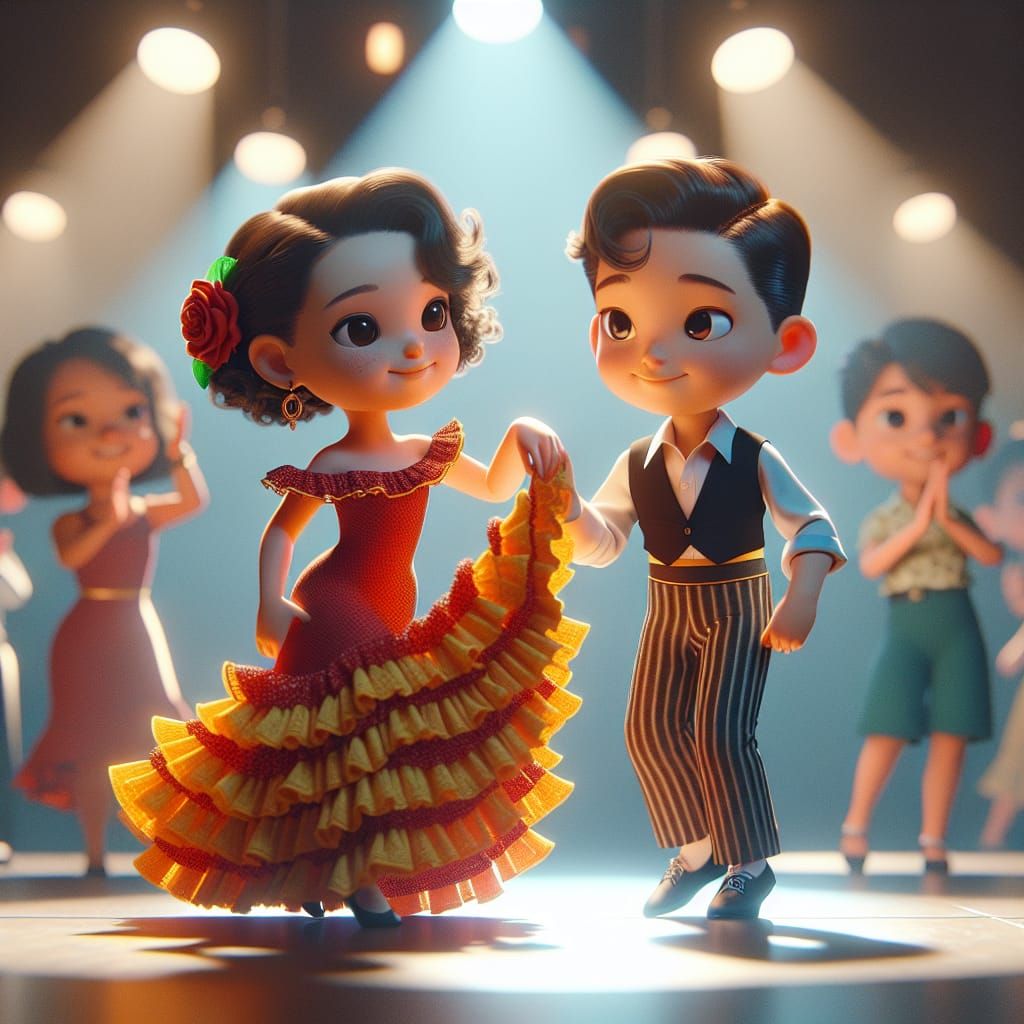 Disney Pixar style 3D adorable little girl in a flamenco dre...