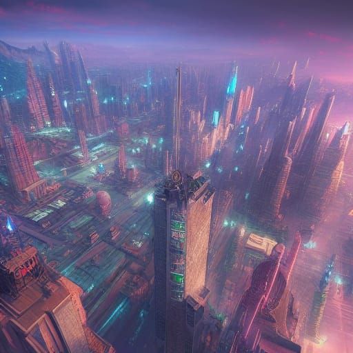 Futuristic City Bird's-Eye View in Fantasy Concept Art